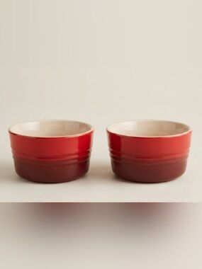 Authentic Le Creuset Cerise Cherry Red Mini Ramekins / Stoneware Bowls Set of 2